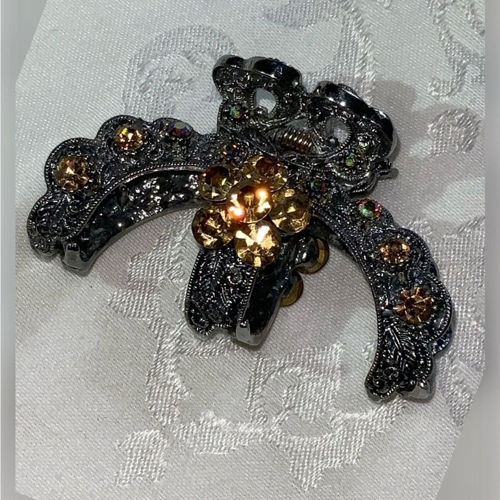 Silver Ornate Golden Yellow Bejeweled Heavy Spring Sparkly 3” Hair Clip